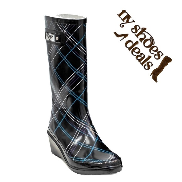 Women's Rain Boots Black Blue Plaid Wedge Rubber Rainboots - Picture 2 of 3
